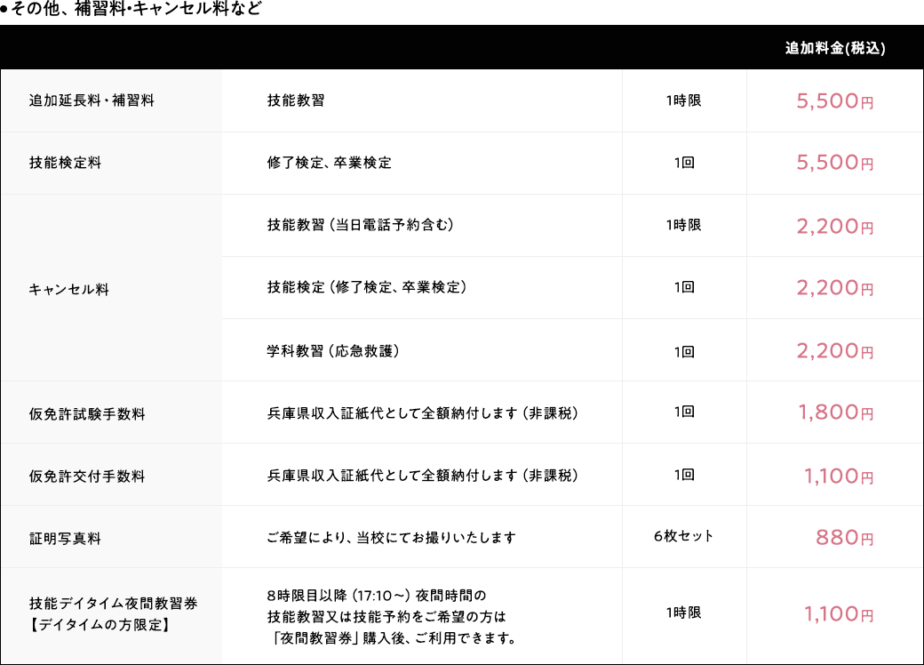 その他、補習料・キャンセル料など